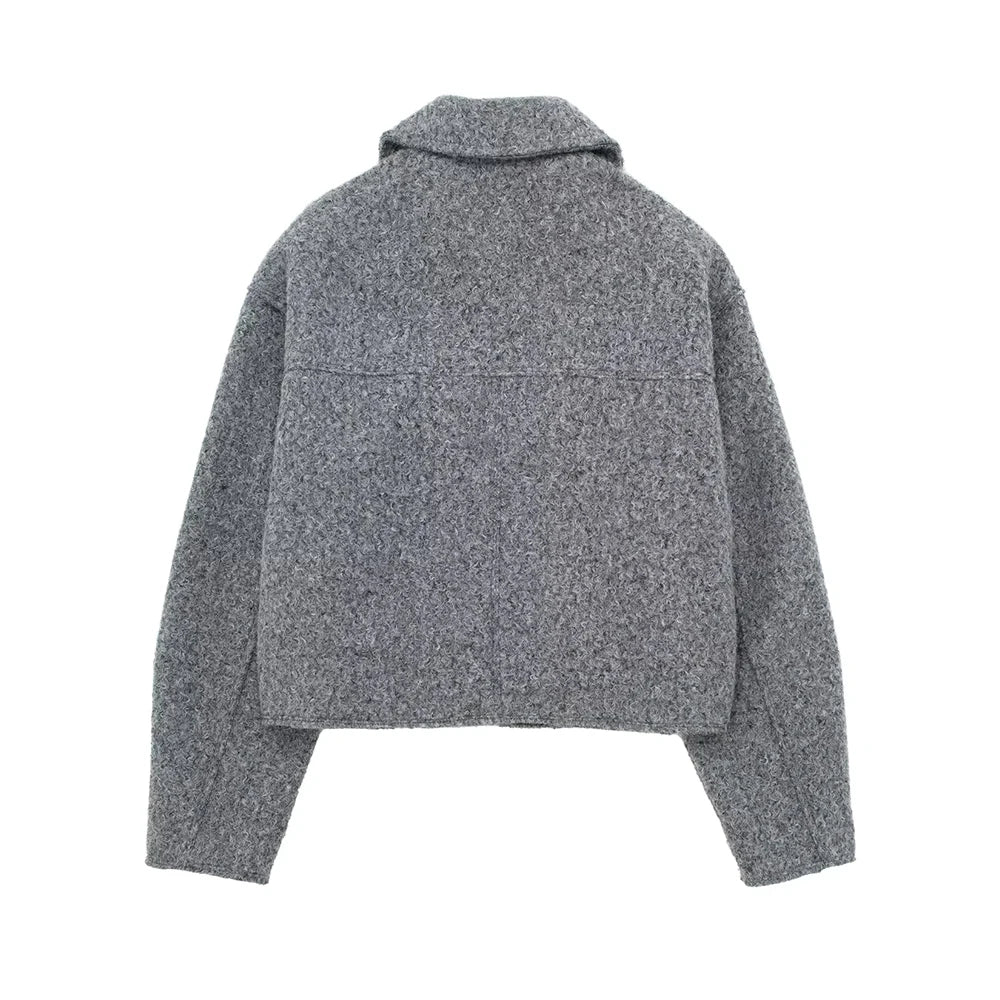 TRZA Women Fashion Patch Pockets With Flaps Cropped Jacket Coat Vintage Long Sleeve Front Zipper Female Outerwear Chic Tops