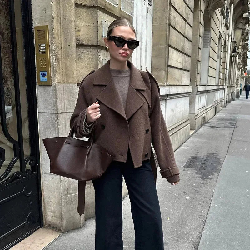 Casual Lapel Short Trench Coat For Women With Belt Long Sleeve Elegant Double Breasted Jacket 2025 Autumn Winter Vintage Outwear