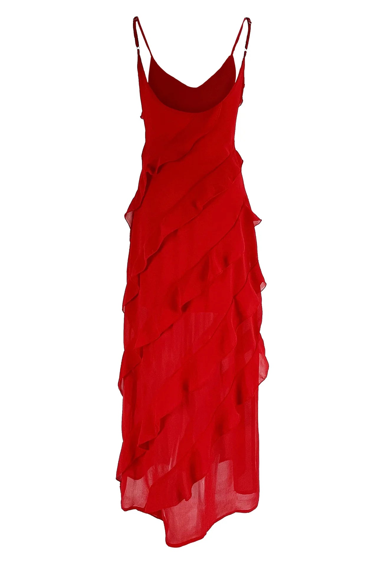A summer classic. This long chiffon dress is pure charm and lightness, with thin straps and ruffles that give a sexy and romantic touch. The perfect fit for any occasion under the sun.