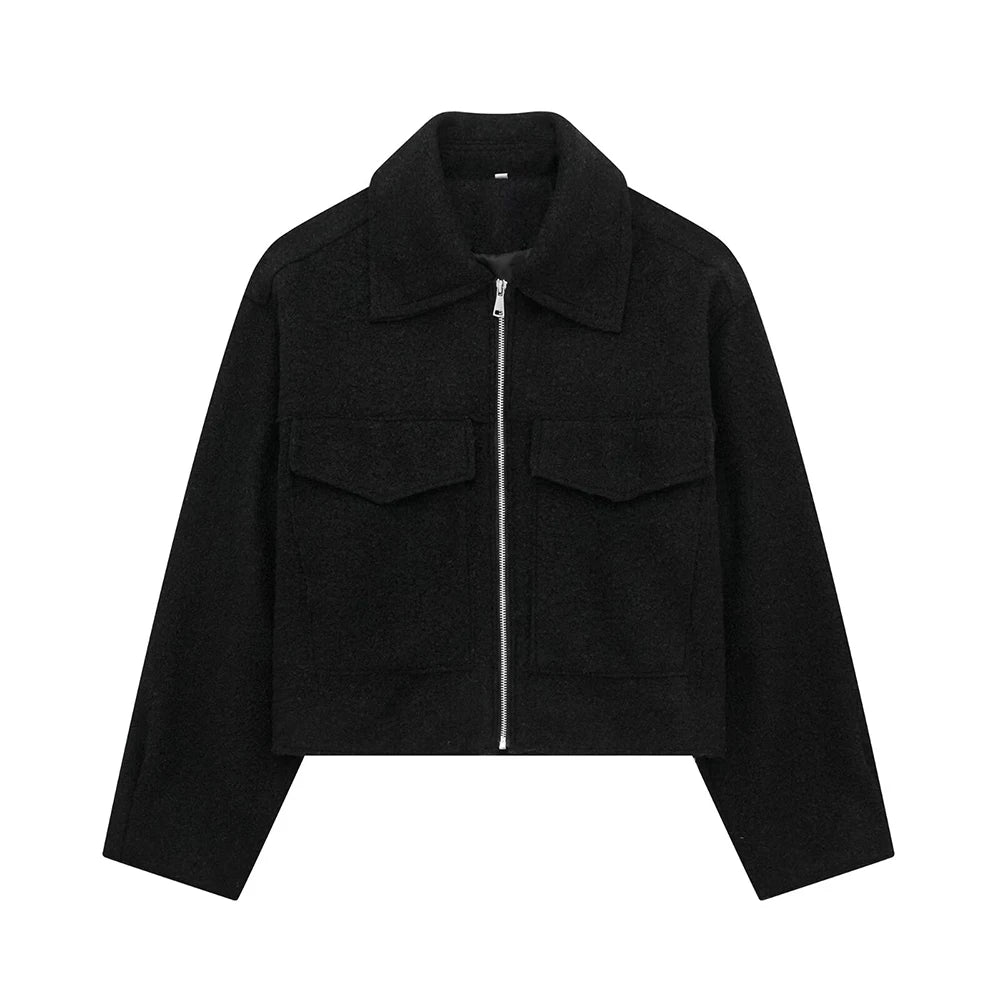 TRZA Women Fashion Patch Pockets With Flaps Cropped Jacket Coat Vintage Long Sleeve Front Zipper Female Outerwear Chic Tops