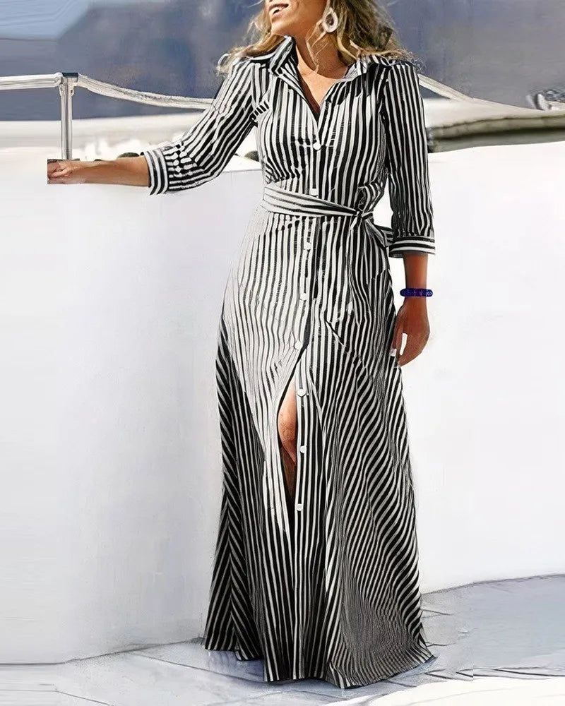 The dress that defines your spring. Elegant, flowy, and versatile, this maxi shirt dress with a waist tie enhances your silhouette with style. Perfect for any occasion, from casual to more sophisticated.