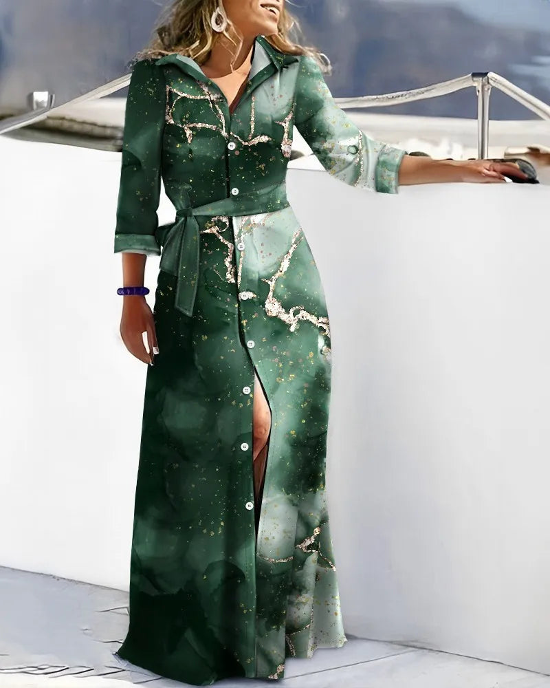 The dress that defines your spring. Elegant, flowy, and versatile, this maxi shirt dress with a waist tie enhances your silhouette with style. Perfect for any occasion, from casual to more sophisticated.