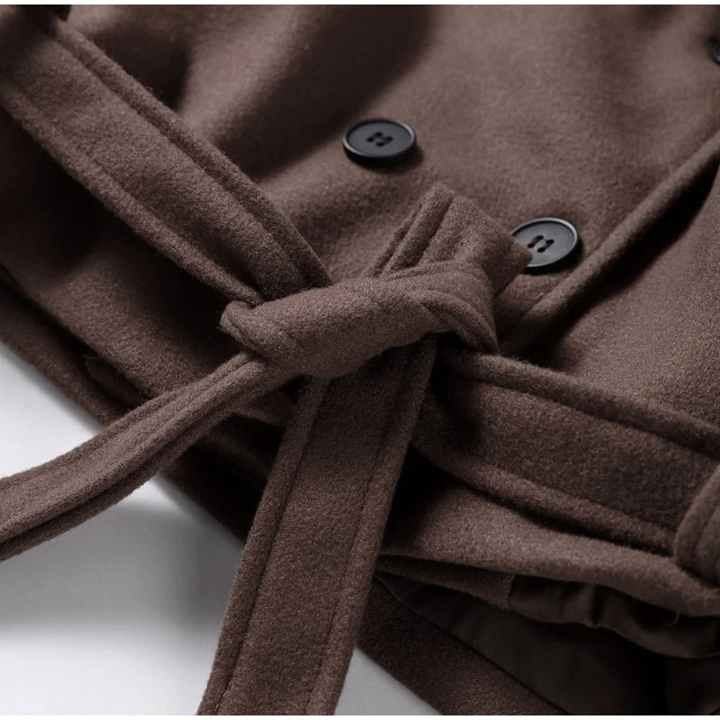 Casual Lapel Short Trench Coat For Women With Belt Long Sleeve Elegant Double Breasted Jacket 2025 Autumn Winter Vintage Outwear