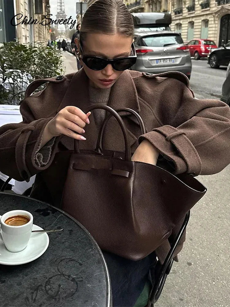 Casual Lapel Short Trench Coat For Women With Belt Long Sleeve Elegant Double Breasted Jacket 2025 Autumn Winter Vintage Outwear