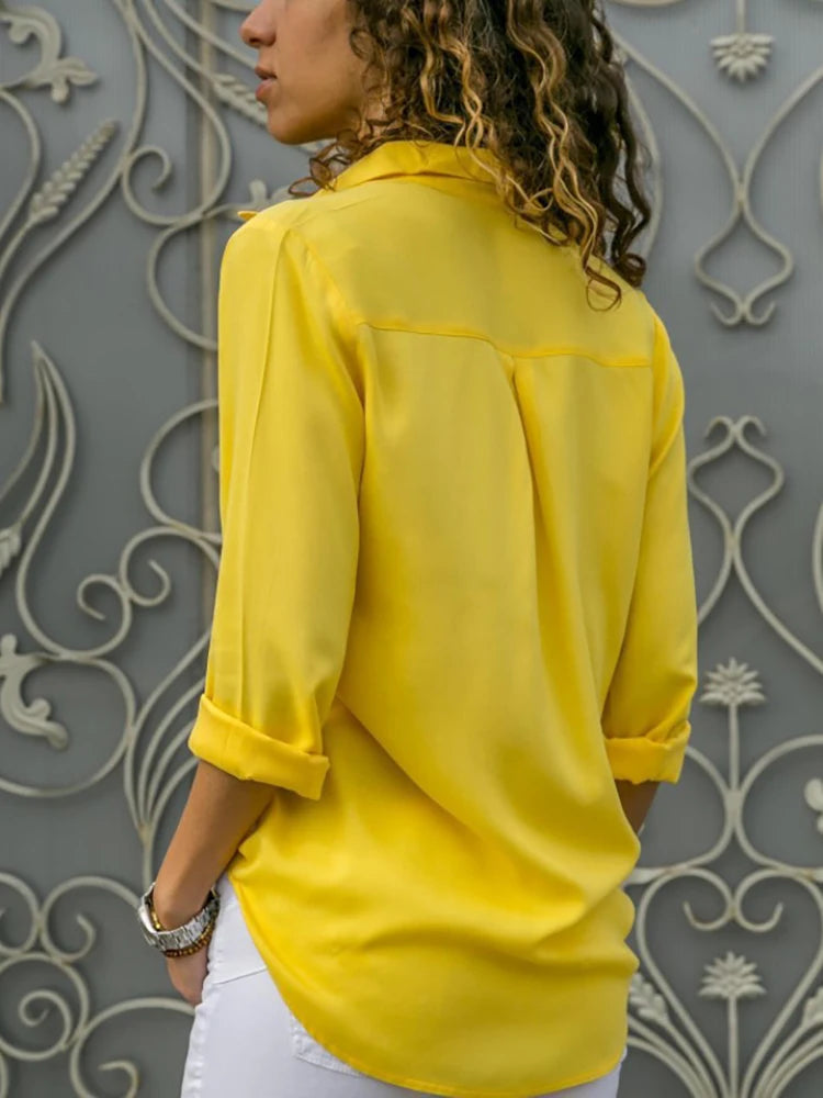 Women Elegant Solid Chiffon Blouse Spring Summer Casual Long Sleeve V Neck Loose Shirt Office Lady Tunics Oversized Tops 2024