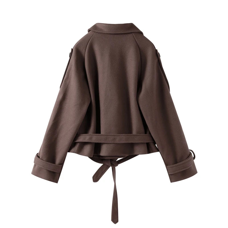 Casual Lapel Short Trench Coat For Women With Belt Long Sleeve Elegant Double Breasted Jacket 2025 Autumn Winter Vintage Outwear
