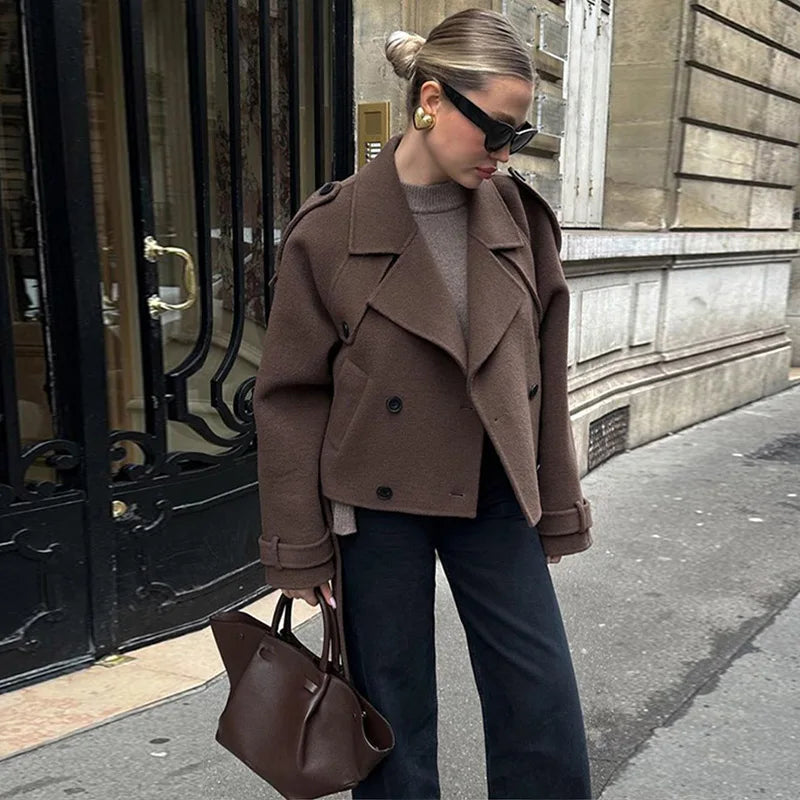 Casual Lapel Short Trench Coat For Women With Belt Long Sleeve Elegant Double Breasted Jacket 2025 Autumn Winter Vintage Outwear