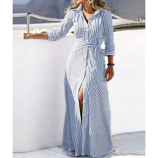 The dress that defines your spring. Elegant, flowy, and versatile, this maxi shirt dress with a waist tie enhances your silhouette with style. Perfect for any occasion, from casual to more sophisticated.