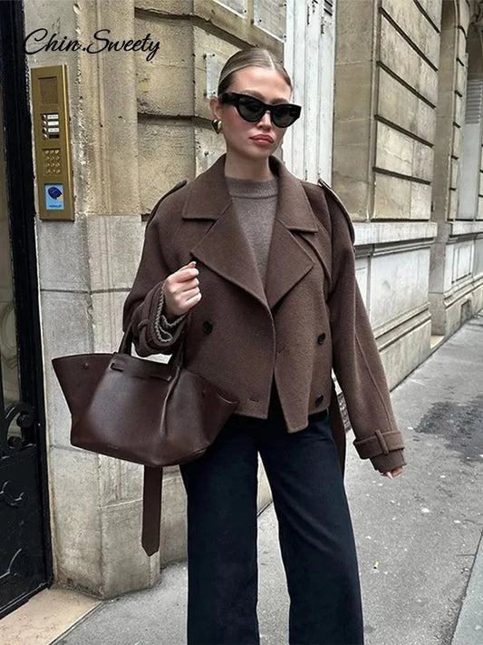 Casual Lapel Short Trench Coat For Women With Belt Long Sleeve Elegant Double Breasted Jacket 2025 Autumn Winter Vintage Outwear