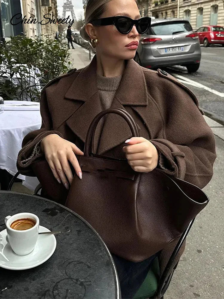 Casual Lapel Short Trench Coat For Women With Belt Long Sleeve Elegant Double Breasted Jacket 2025 Autumn Winter Vintage Outwear