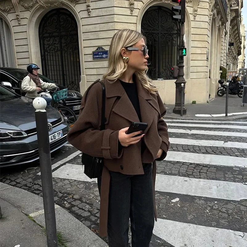Casual Lapel Short Trench Coat For Women With Belt Long Sleeve Elegant Double Breasted Jacket 2025 Autumn Winter Vintage Outwear