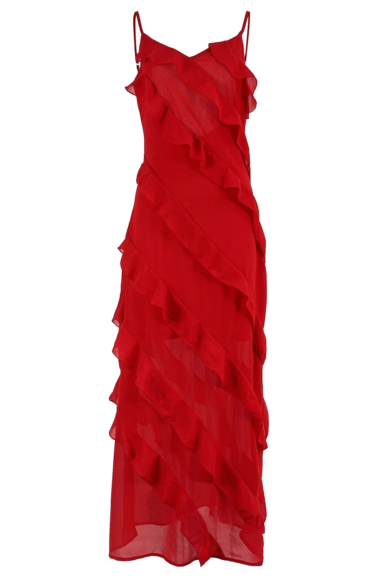 A summer classic. This long chiffon dress is pure charm and lightness, with thin straps and ruffles that give a sexy and romantic touch. The perfect fit for any occasion under the sun.