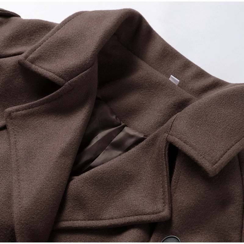 Casual Lapel Short Trench Coat For Women With Belt Long Sleeve Elegant Double Breasted Jacket 2025 Autumn Winter Vintage Outwear