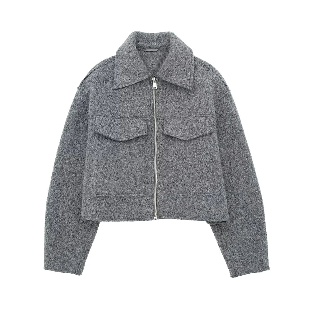 TRZA Women Fashion Patch Pockets With Flaps Cropped Jacket Coat Vintage Long Sleeve Front Zipper Female Outerwear Chic Tops
