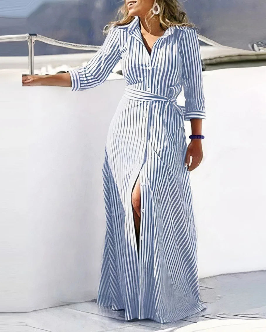 The dress that defines your spring. Elegant, flowy, and versatile, this maxi shirt dress with a waist tie enhances your silhouette with style. Perfect for any occasion, from casual to more sophisticated.