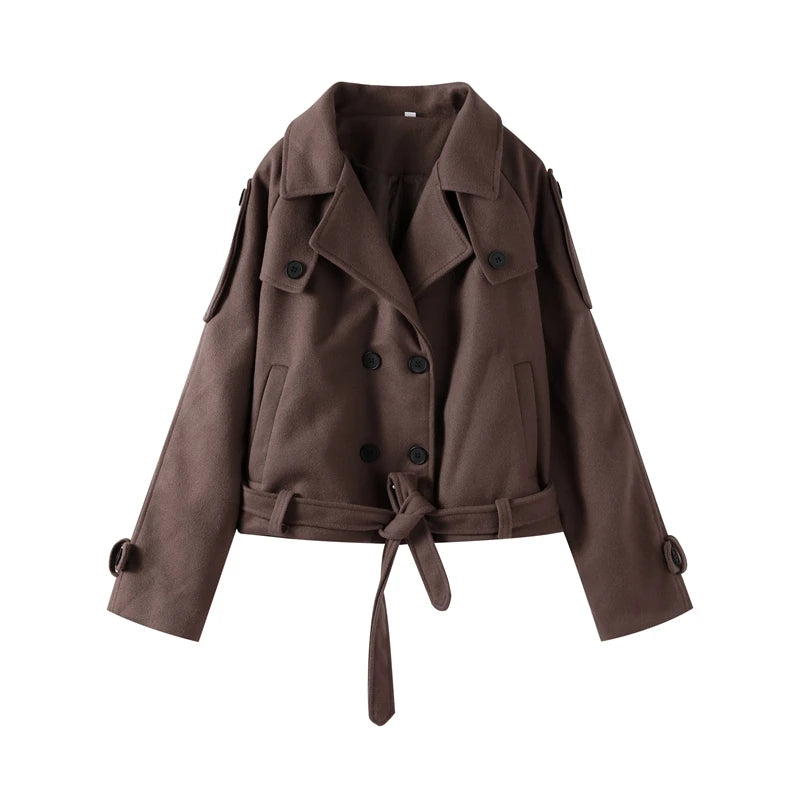 Casual Lapel Short Trench Coat For Women With Belt Long Sleeve Elegant Double Breasted Jacket 2025 Autumn Winter Vintage Outwear