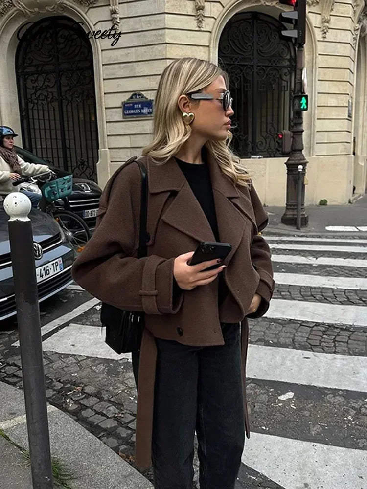 Casual Lapel Short Trench Coat For Women With Belt Long Sleeve Elegant Double Breasted Jacket 2025 Autumn Winter Vintage Outwear