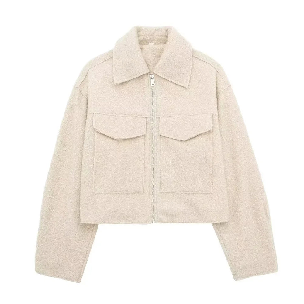 TRZA Women Fashion Patch Pockets With Flaps Cropped Jacket Coat Vintage Long Sleeve Front Zipper Female Outerwear Chic Tops