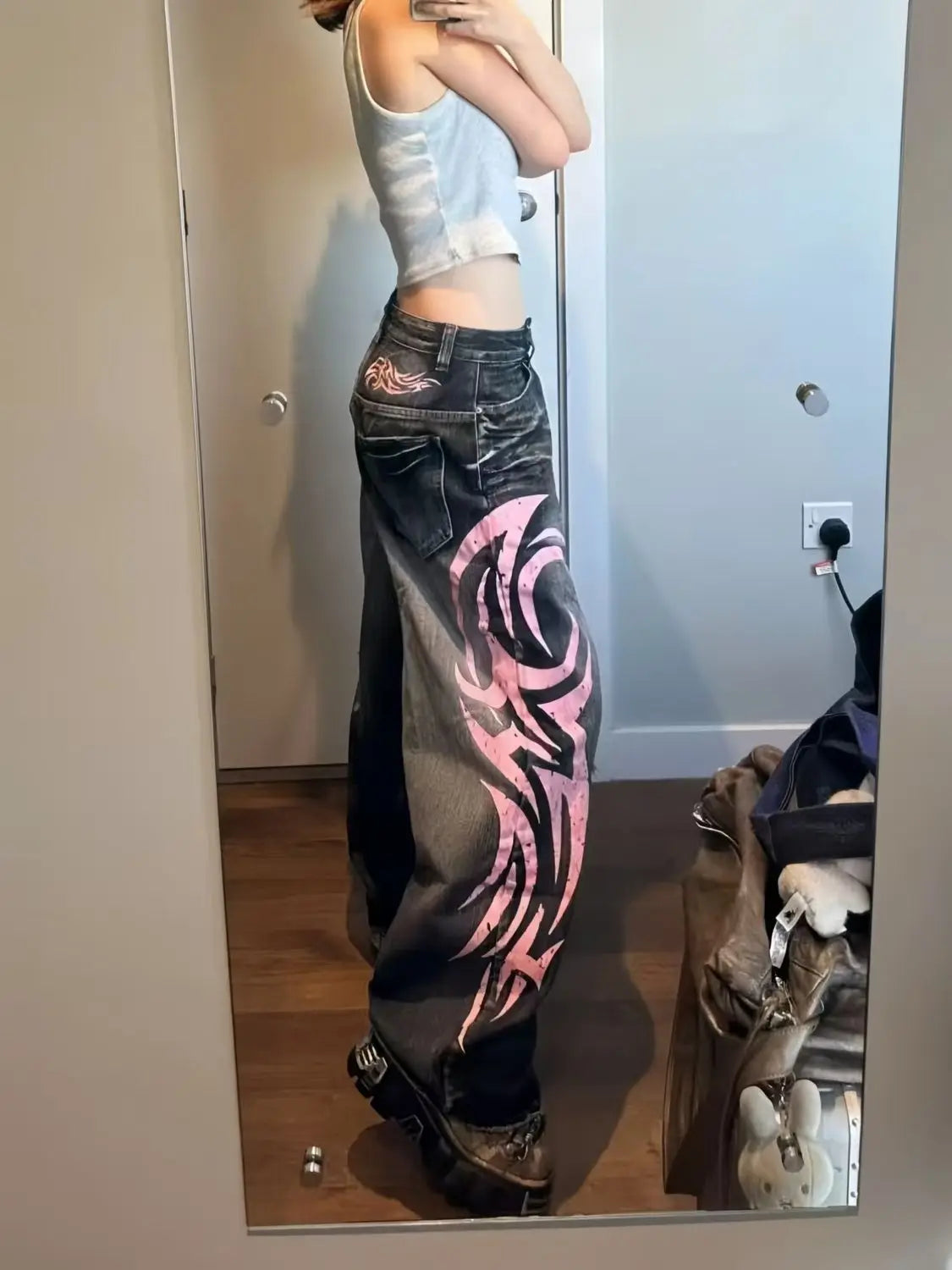 Y2K American Vintage Mottled Totem Print Baggy Jeans Women's High Waist Wide Leg Jeans Women's Harajuku Trendy Hip-hop Jeans