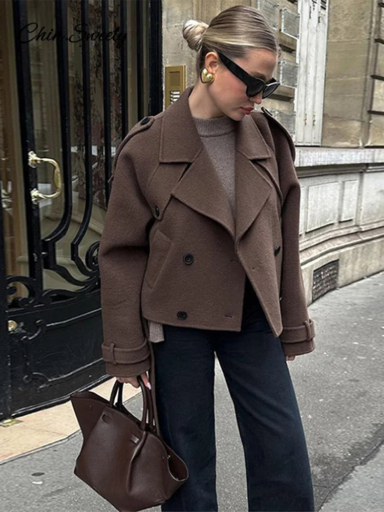 Casual Lapel Short Trench Coat For Women With Belt Long Sleeve Elegant Double Breasted Jacket 2025 Autumn Winter Vintage Outwear