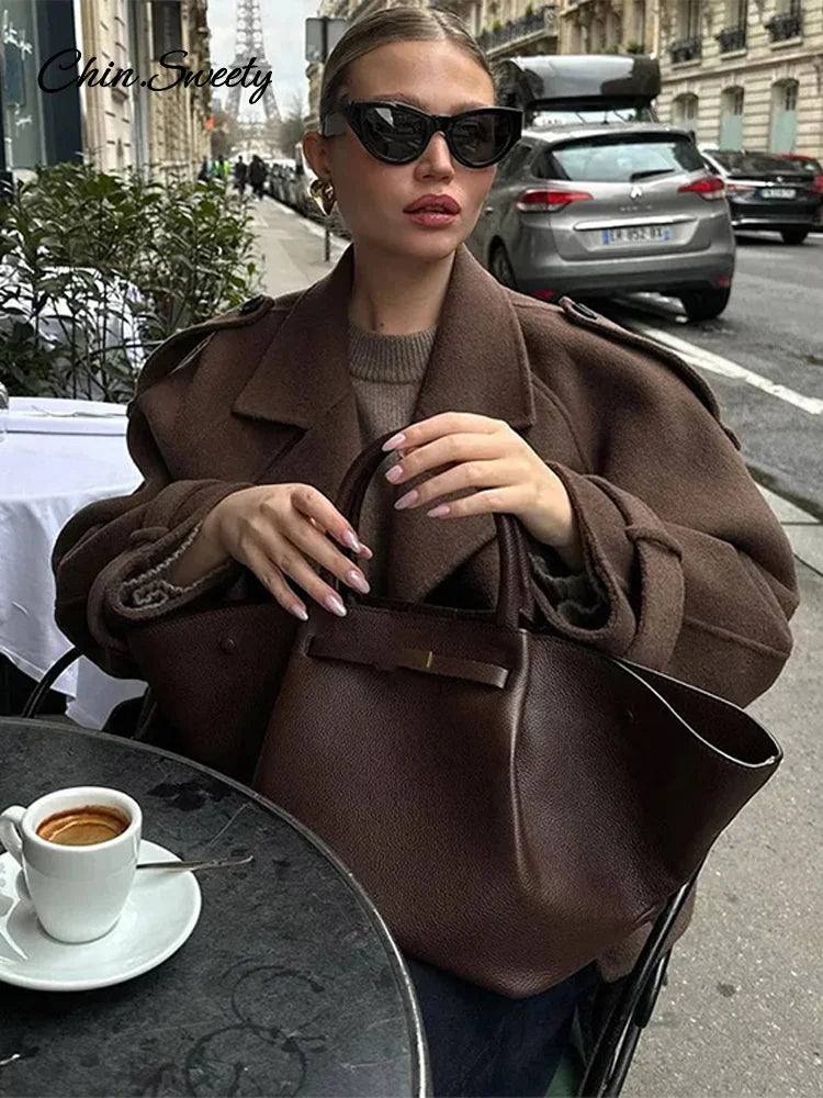 Casual Lapel Short Trench Coat For Women With Belt Long Sleeve Elegant Double Breasted Jacket 2025 Autumn Winter Vintage Outwear